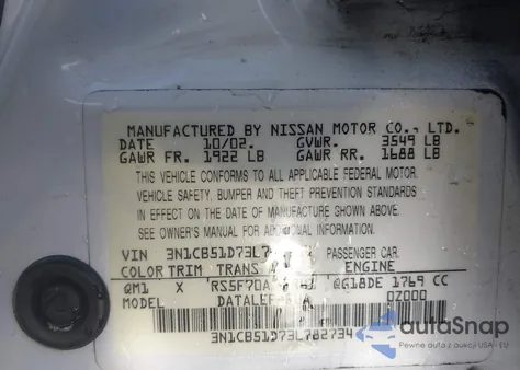 2003 Nissan Sentra Gxe из США, поврежденный, VIN 3N1CB51D73L782734